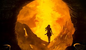 Preview wallpaper cave, silhouette, fire, flash, dark, entrance
