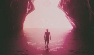 Preview wallpaper cave, silhouette, passage, circles, fog