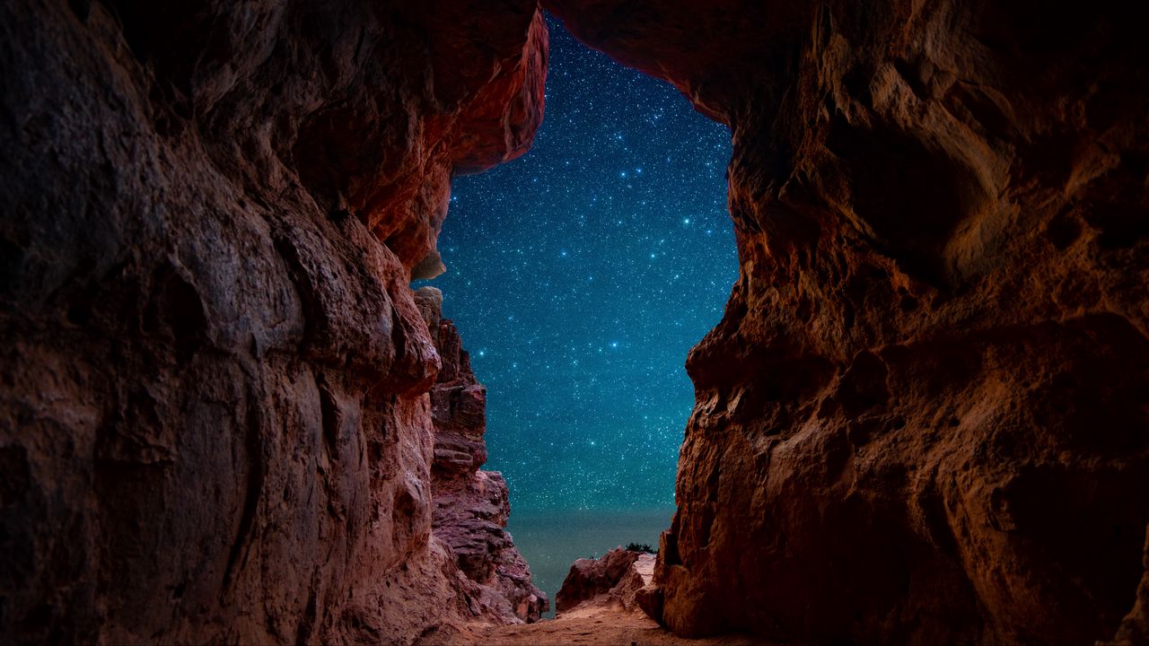 Wallpaper cave, starry sky, stars, rocks, desert