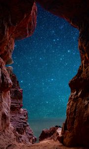 Preview wallpaper cave, starry sky, stars, rocks, desert