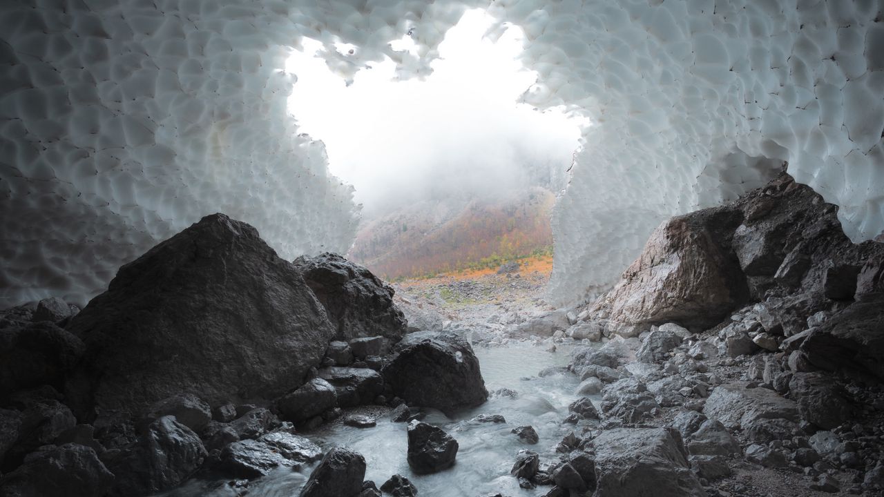 Wallpaper cave, stones, ice, stream, frozen