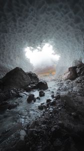 Preview wallpaper cave, stones, ice, stream, frozen