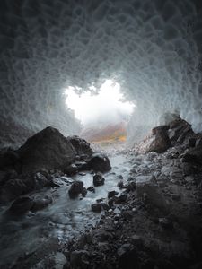 Preview wallpaper cave, stones, ice, stream, frozen