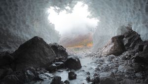 Preview wallpaper cave, stones, ice, stream, frozen