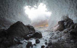 Preview wallpaper cave, stones, ice, stream, frozen