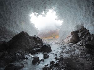 Preview wallpaper cave, stones, ice, stream, frozen