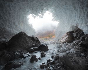 Preview wallpaper cave, stones, ice, stream, frozen