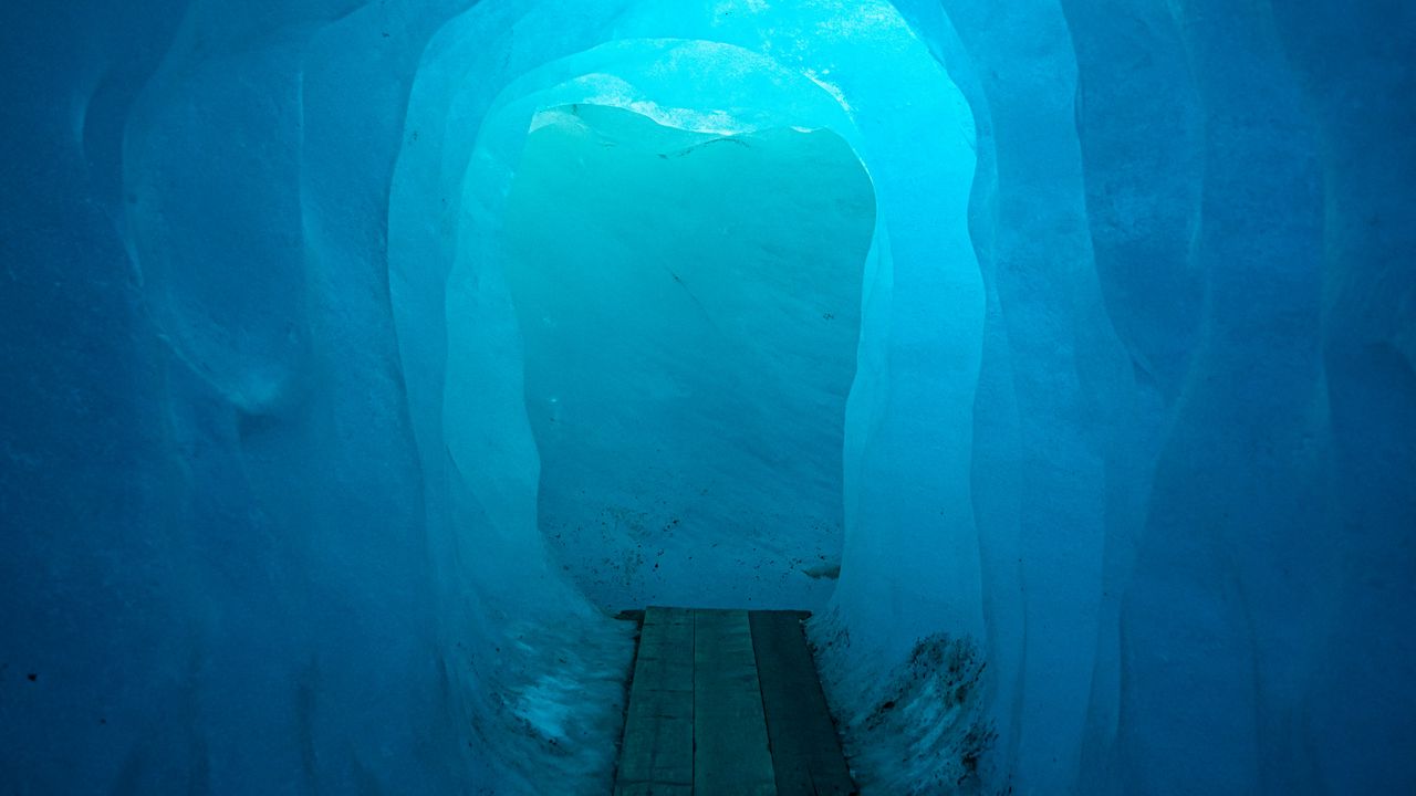 Wallpaper cave, tunnel, ice, glow, blue
