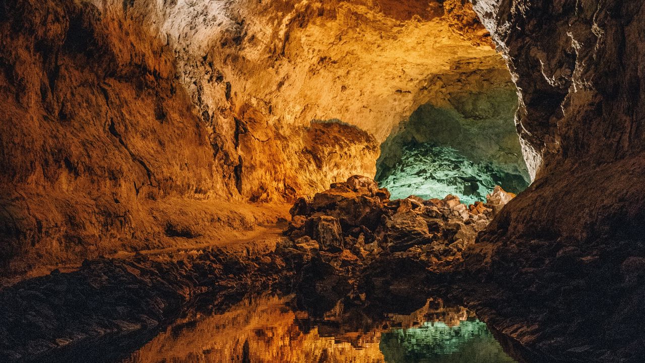 Wallpaper cave, water, reflection, stone, inside, volcanic, cueva de los verdes, canary islands, spain