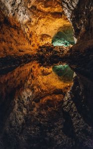 Preview wallpaper cave, water, reflection, stone, inside, volcanic, cueva de los verdes, canary islands, spain