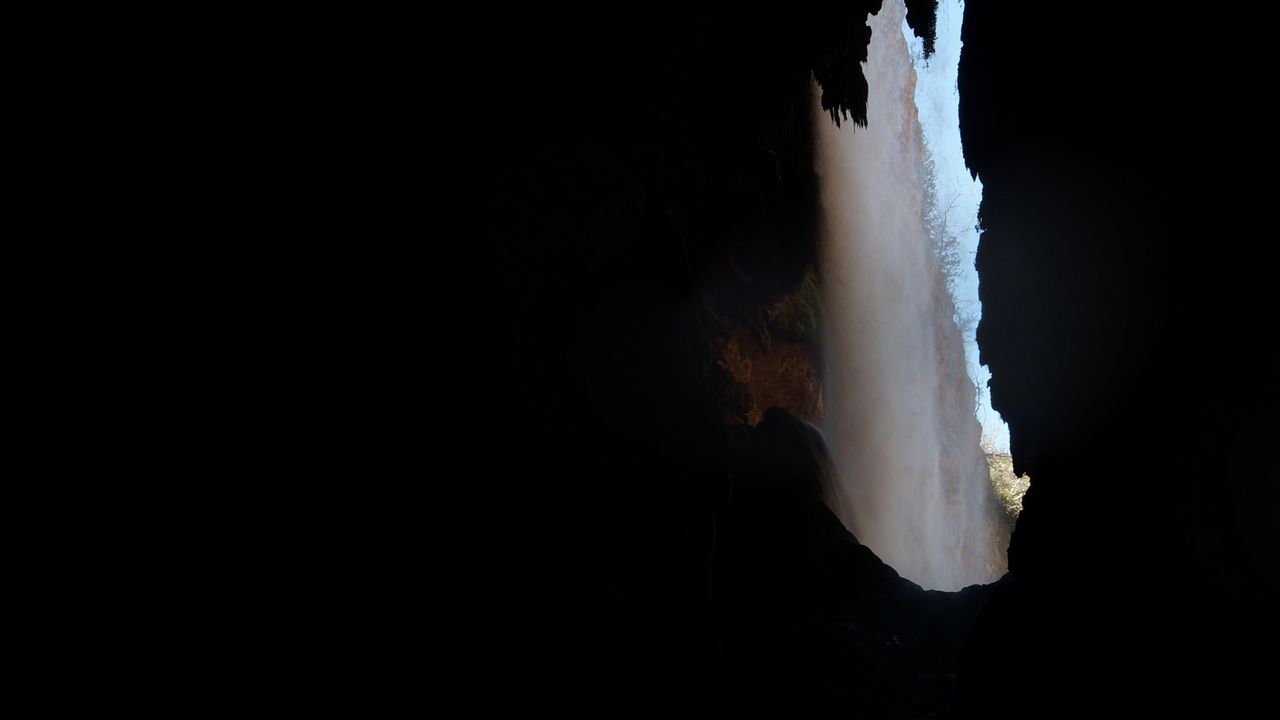 Wallpaper cave, waterfall, path, dark