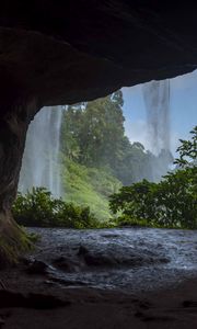 Preview wallpaper cave, waterfall, trees