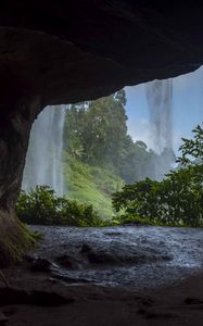 Preview wallpaper cave, waterfall, trees