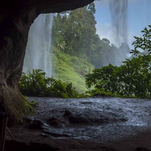 Preview wallpaper cave, waterfall, trees