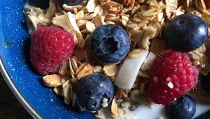 Preview wallpaper cereal, granola, blueberries, raspberries, milk