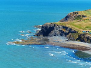 Preview wallpaper ceredigion, wales, clarach bay, hill, bay, waves