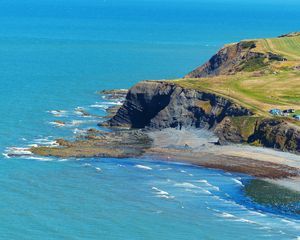 Preview wallpaper ceredigion, wales, clarach bay, hill, bay, waves