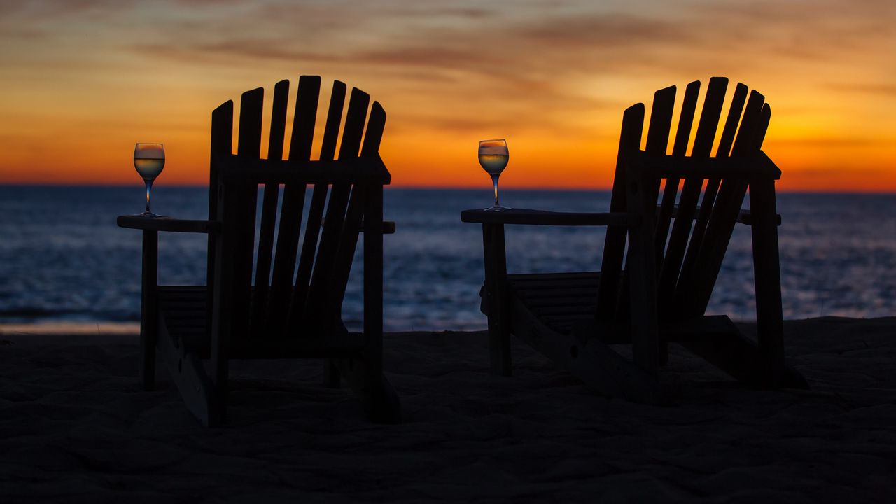 Wallpaper chair, beach, sunset, rest, glass