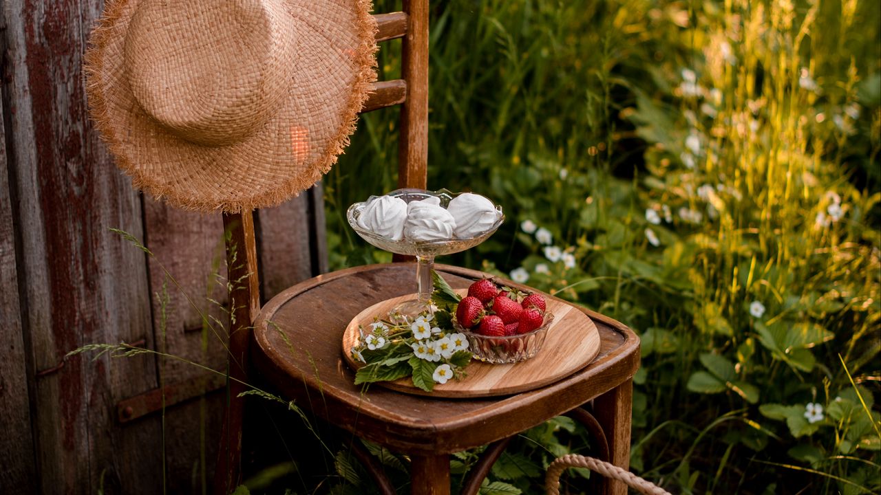 Wallpaper chair, berries, marshmallows, dessert, picnic, nature