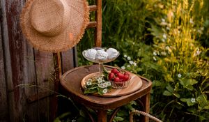 Preview wallpaper chair, berries, marshmallows, dessert, picnic, nature