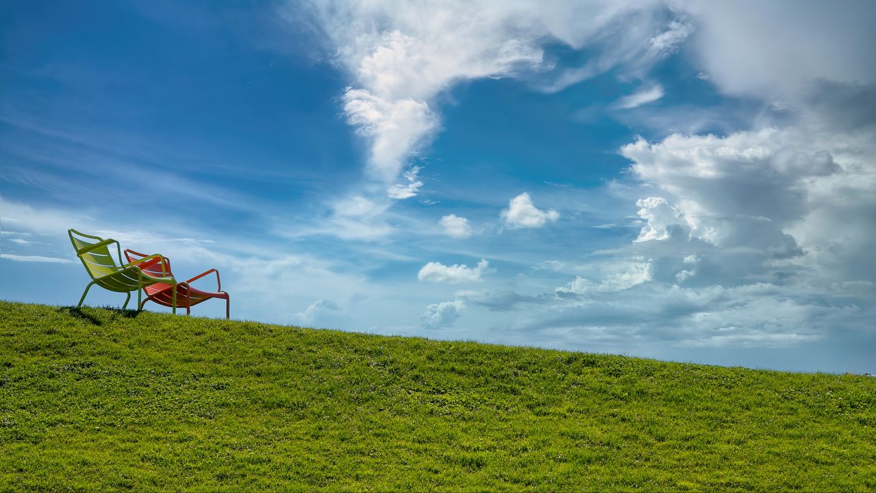 Wallpaper chairs, grass, hill, sky, clouds
