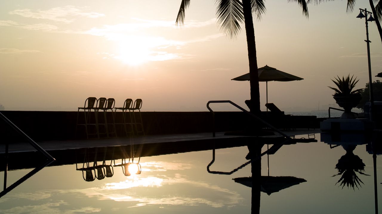Wallpaper chairs, swimming pool, palm trees, silhouettes, dark
