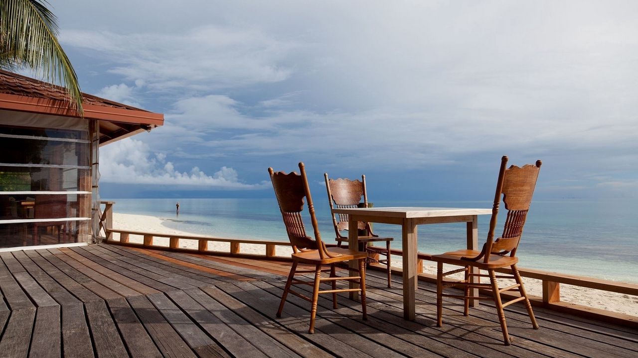 Wallpaper chairs, table, yard, coast, beach, tropics, terrace