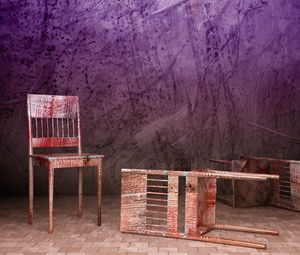 Preview wallpaper chairs, three, tile, purple background, old, abstract