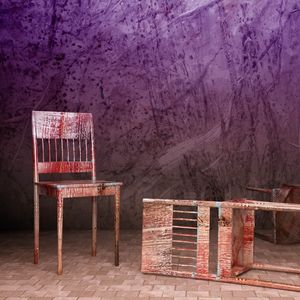 Preview wallpaper chairs, three, tile, purple background, old, abstract