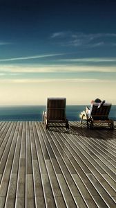 Preview wallpaper chairs, wood floor, rest, sky, shore
