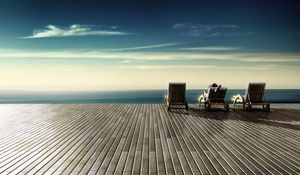 Preview wallpaper chairs, wood floor, rest, sky, shore