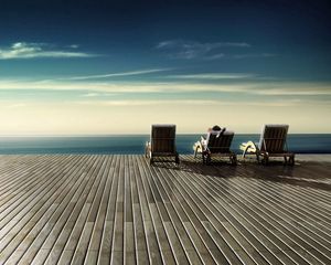 Preview wallpaper chairs, wood floor, rest, sky, shore