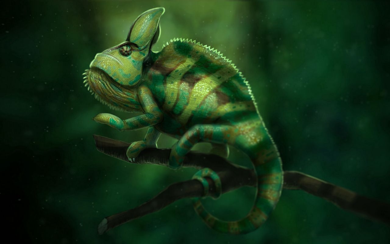 1280x800 Wallpaper chameleon, lizard, green, branch, art