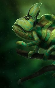 Preview wallpaper chameleon, lizard, green, branch, art