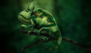 Preview wallpaper chameleon, lizard, green, branch, art