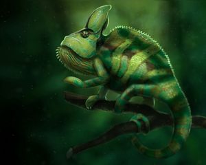 Preview wallpaper chameleon, lizard, green, branch, art