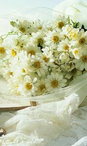 Preview wallpaper chamomile, flowers, bouquet, clock, book, envelope, romance