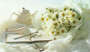 Preview wallpaper chamomile, flowers, bouquet, clock, book, envelope, romance