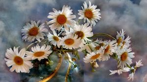Preview wallpaper chamomile, flowers, bouquets, vase, sky, clouds, background