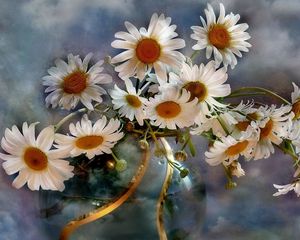 Preview wallpaper chamomile, flowers, bouquets, vase, sky, clouds, background