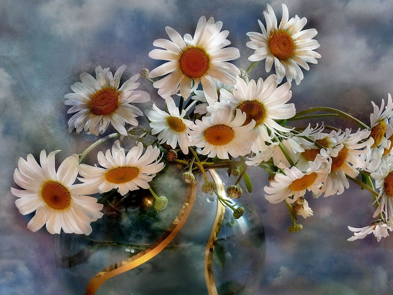 Download Wallpaper 1600x1200 Chamomile Flowers Bouquets Vase Sky