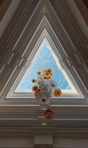 Preview wallpaper chandelier, ceiling, perspective, geometric, triangular, multi-level, symmetrical, architecture