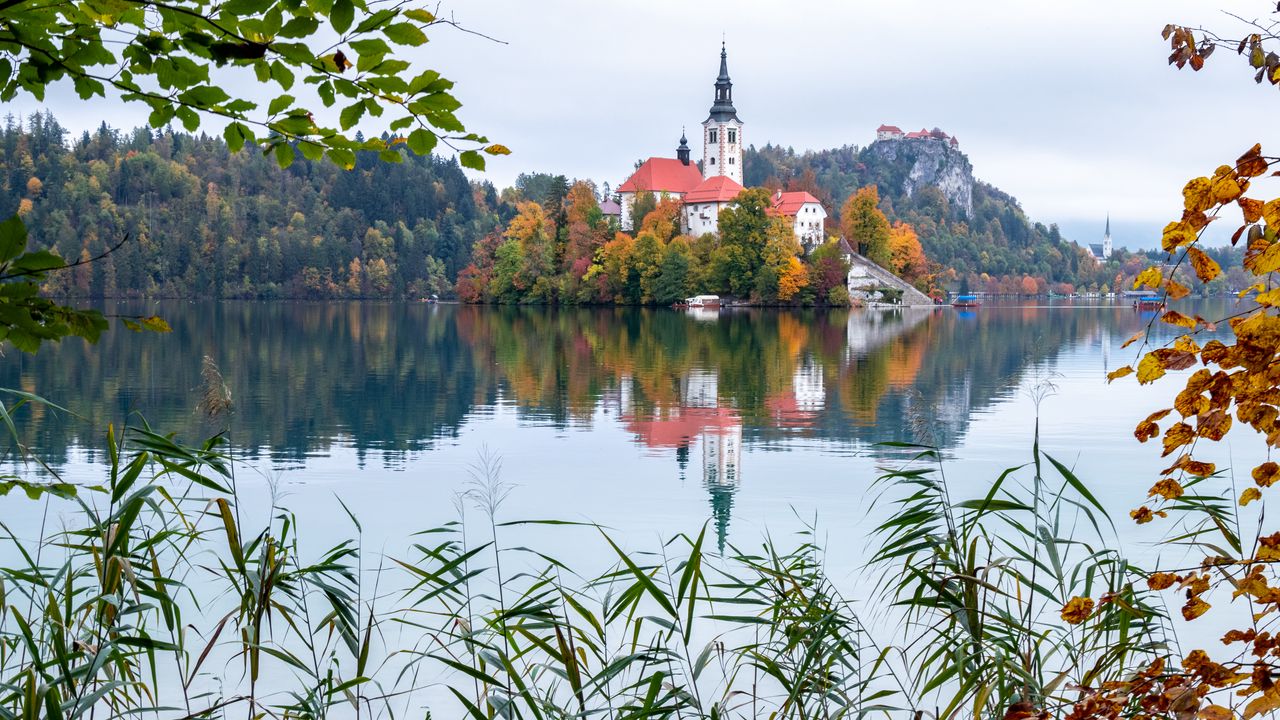 Wallpaper chapel, building, lake, reflection, trees, grass