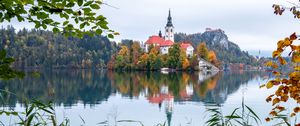 Preview wallpaper chapel, building, lake, reflection, trees, grass