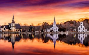 Preview wallpaper chapel, building, river, reflection, twilight