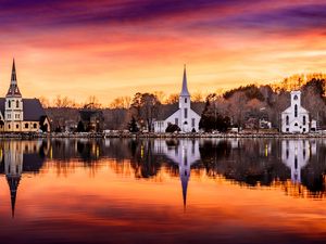 Preview wallpaper chapel, building, river, reflection, twilight
