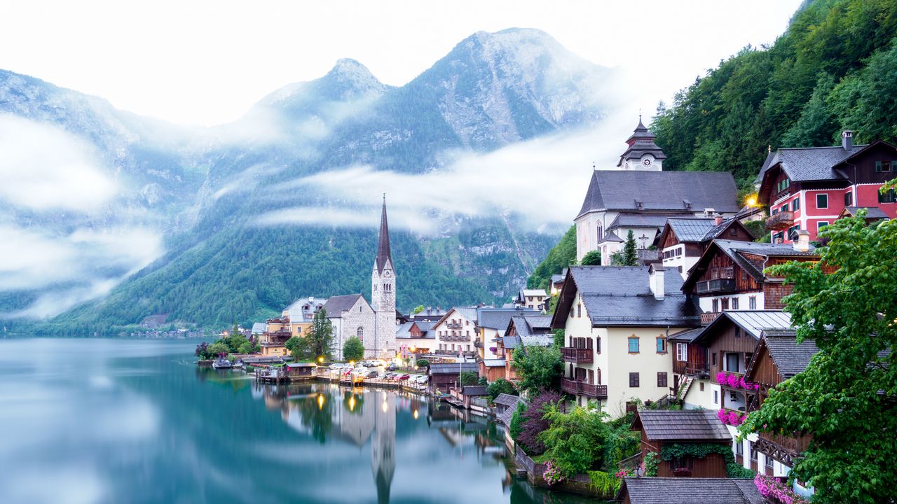 Wallpaper chapel, buildings, lake, mountains, clouds