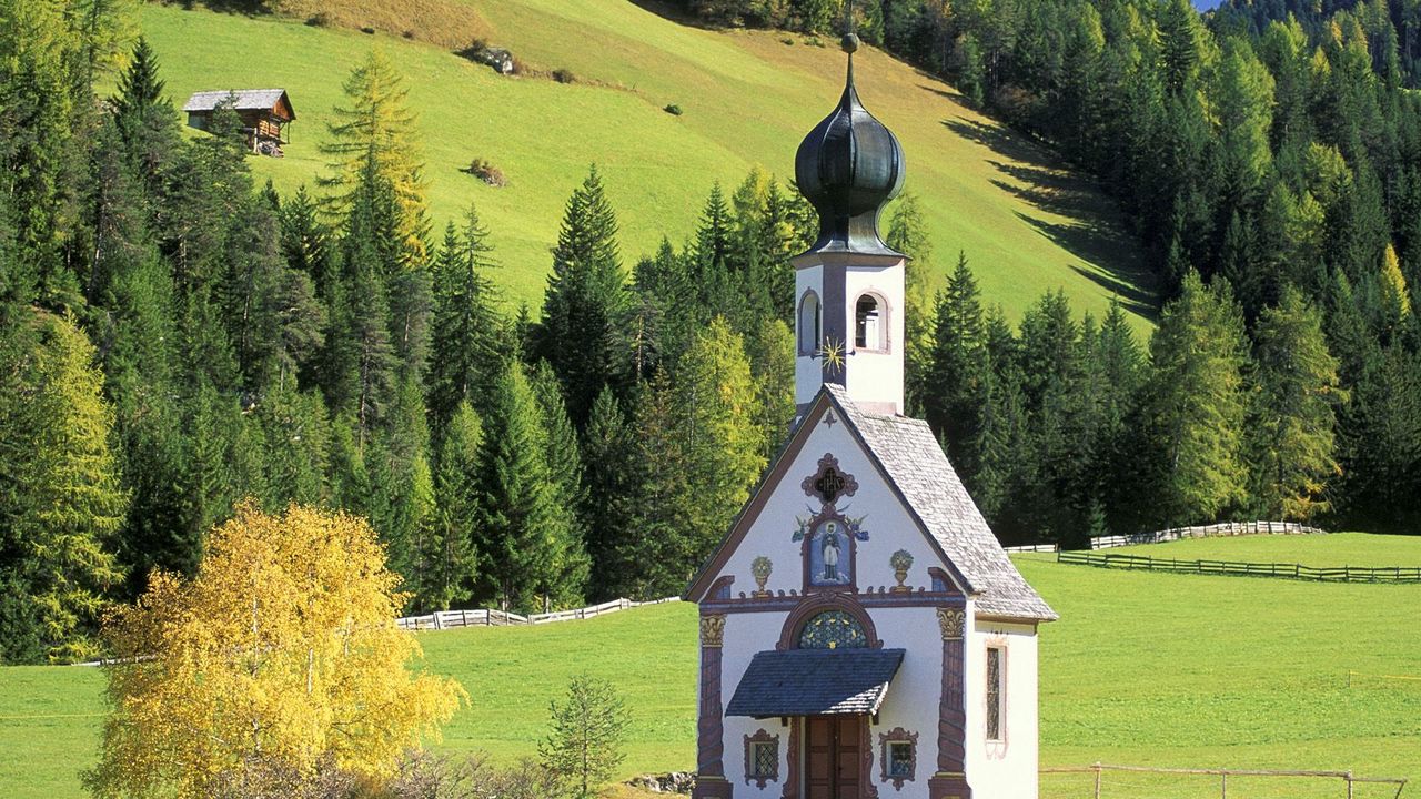 Wallpaper chapel, dome, mountains, slopes, trees