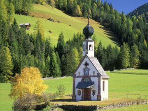 Preview wallpaper chapel, dome, mountains, slopes, trees