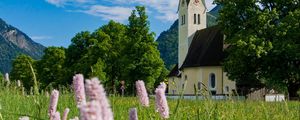 Preview wallpaper chapel, flowers, grass